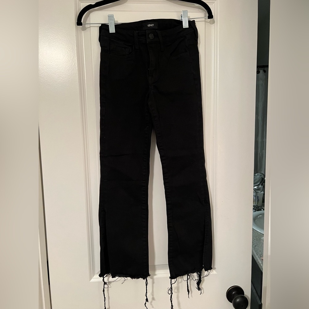 Vervet Crop Flare Jeans with side slit and frayed hem